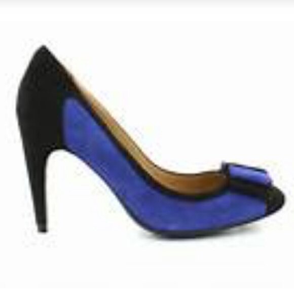 Isaac Mizrahi SZ 9 Isleah Black & Sapphire Blue Suede Bow Pumps Formal Pin-up - Picture 2 of 11